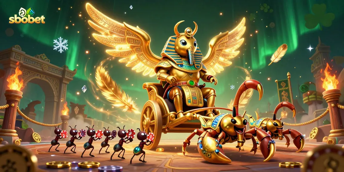 Menangkan taruhan sbobet dengan ilustrasi 3D scarab emas dan komponen perjudian yang kaya visual.