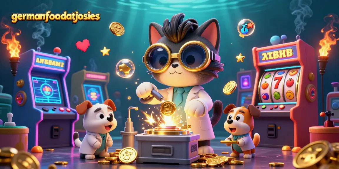 Experience thrilling wins with the mad scientist cat from germanfoodatjosies amidst a bustling casino scene.