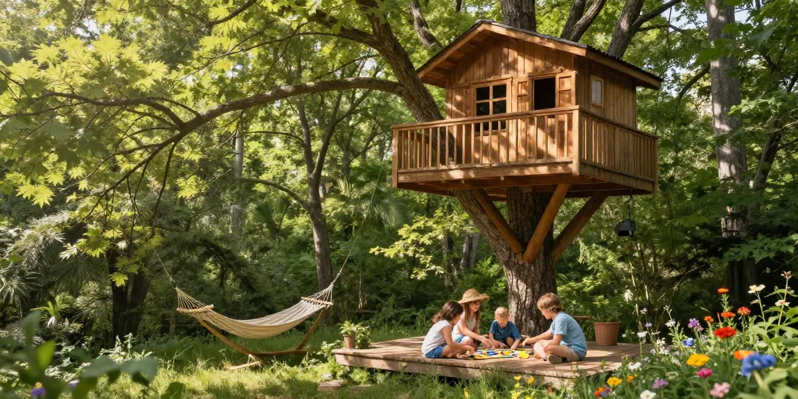 Family enjoying games in a beautiful treehouse surrounded by greenery.