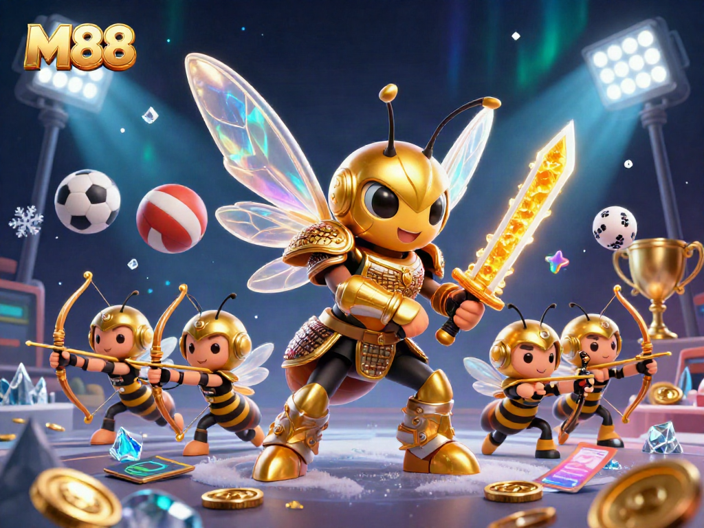 M88 showcases vibrant casino action with a giant golden hornet and dynamic sports elements.
