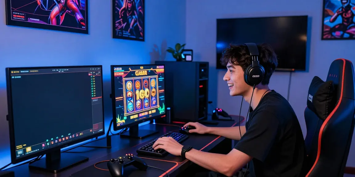 Engaged player exploring slot gacor games in a vibrant gaming setup.