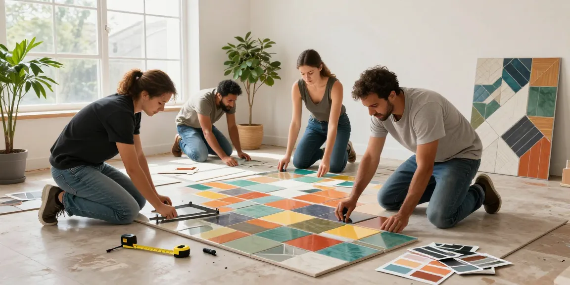 Installing interlock tiles in a vibrant home renovation with a design team collaborating indoors.