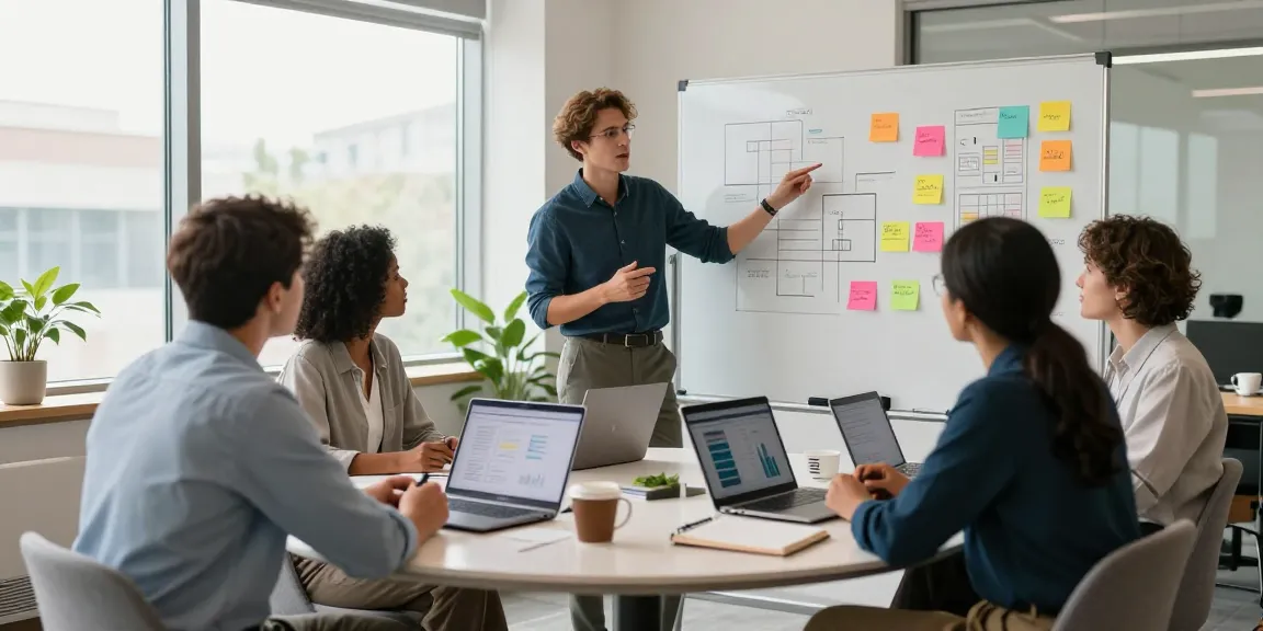 Diverse team collaborating in a modern office, find out more about effective brainstorming strategies.