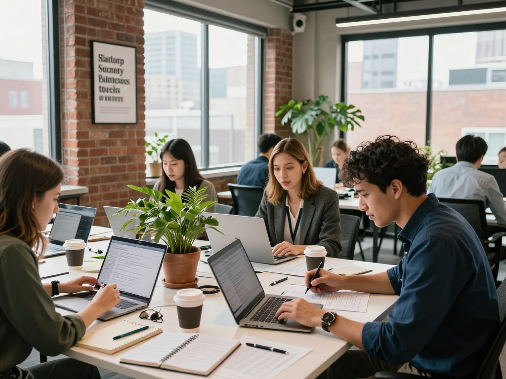 Business professionals collaborating in a vibrant coworking space at https://koperasisantun.com/ showcasing teamwork.