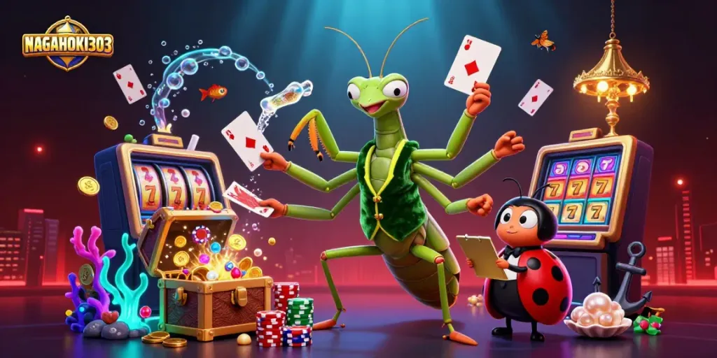 NAGAHOKI303 menghadirkan animasi kasino dengan mantis raksasa dan pengawas serangga dalam suasana berkilau.
