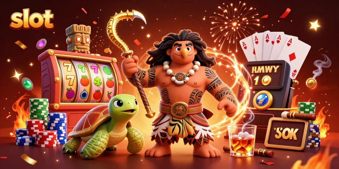 Menggulung slot dengan simbol buah dan jackpot, bersama karakter dewa Maui dan kura-kura lucu.