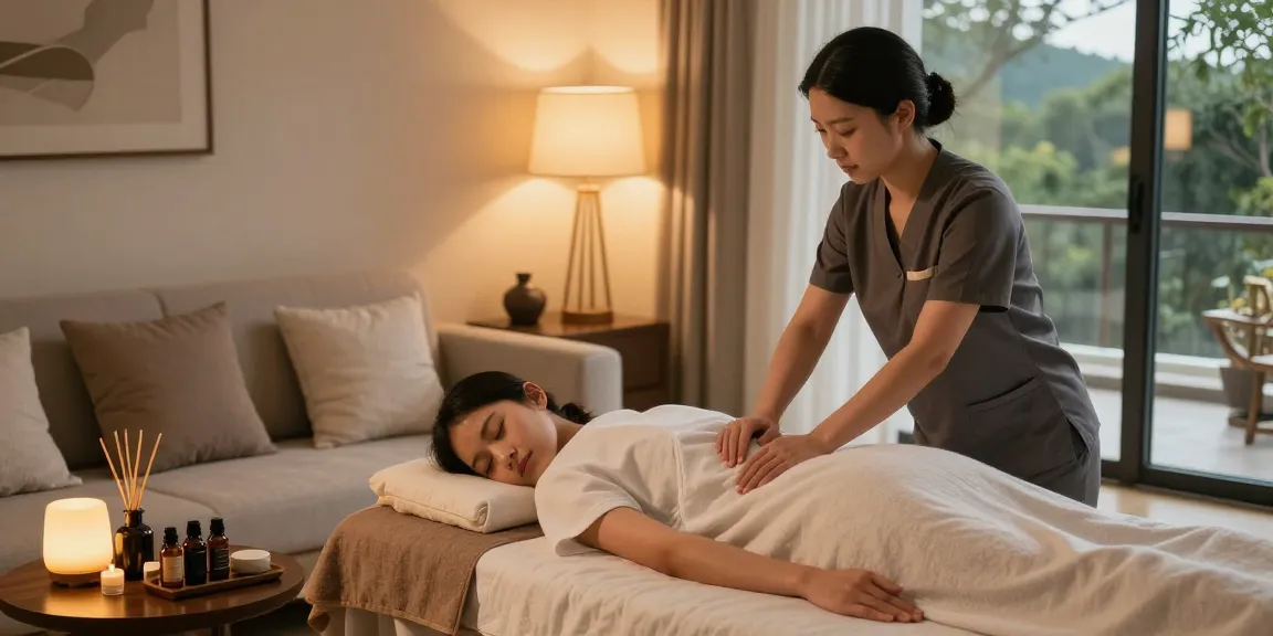 Relaxing 출장마사지 in a serene home environment with a professional therapist.