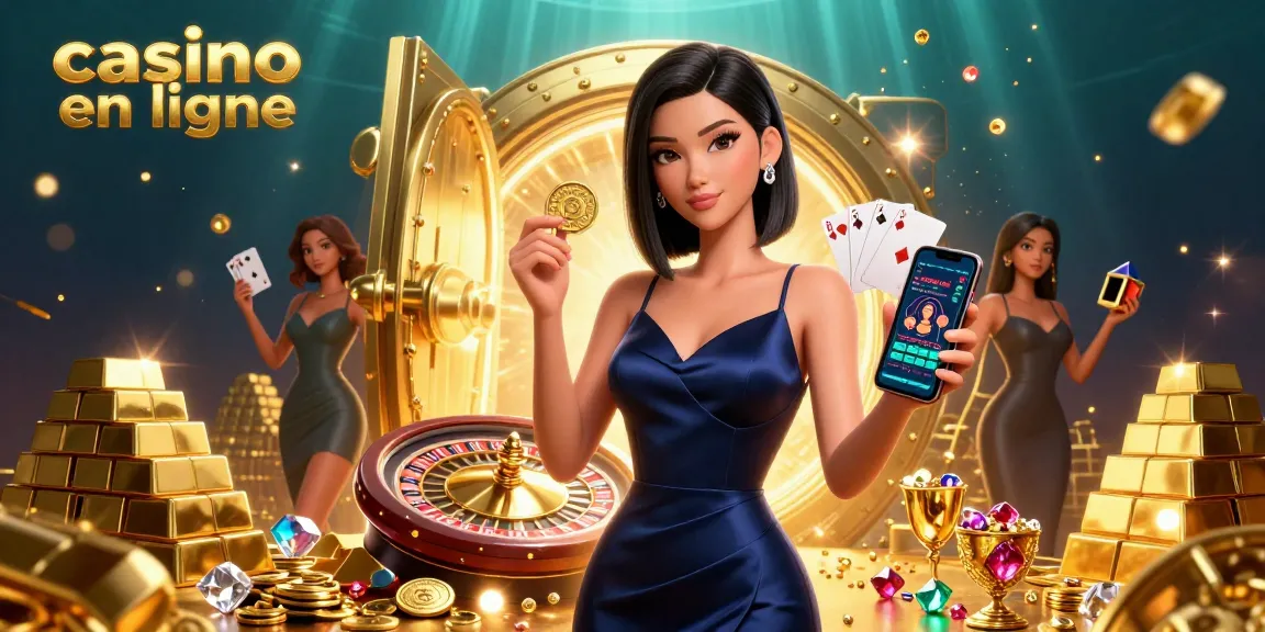 Play casino en ligne thrills with a stylish woman showcasing a casino app against a backdrop of treasure.