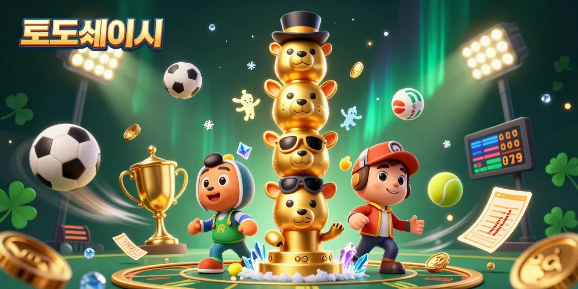 Explore 토토사이트 with a stunning 3D representation featuring animated totem poles and dynamic sports elements.