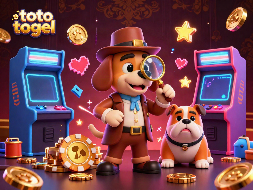 Detective bloodhound examines a poker chip clue in a vibrant scene of toto togel gaming elements.