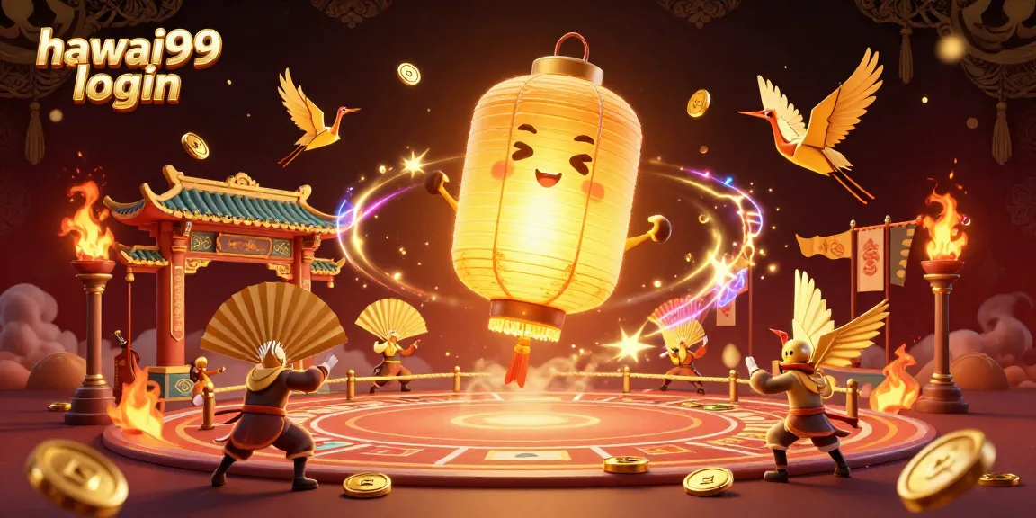 Engage with hawai99 login in this vibrant 3D casino scene filled with golden lantern spirits and dynamic elements.
