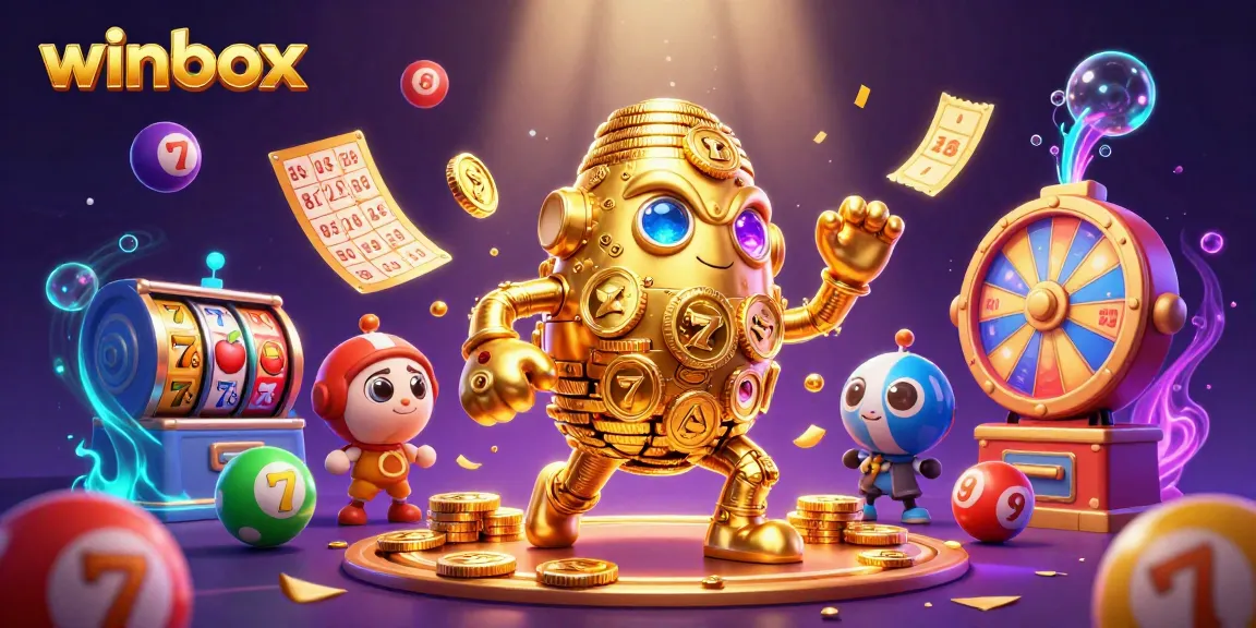 Winbox showcases exciting casino gameplay with a golden golem and lottery elements in vibrant 3D.