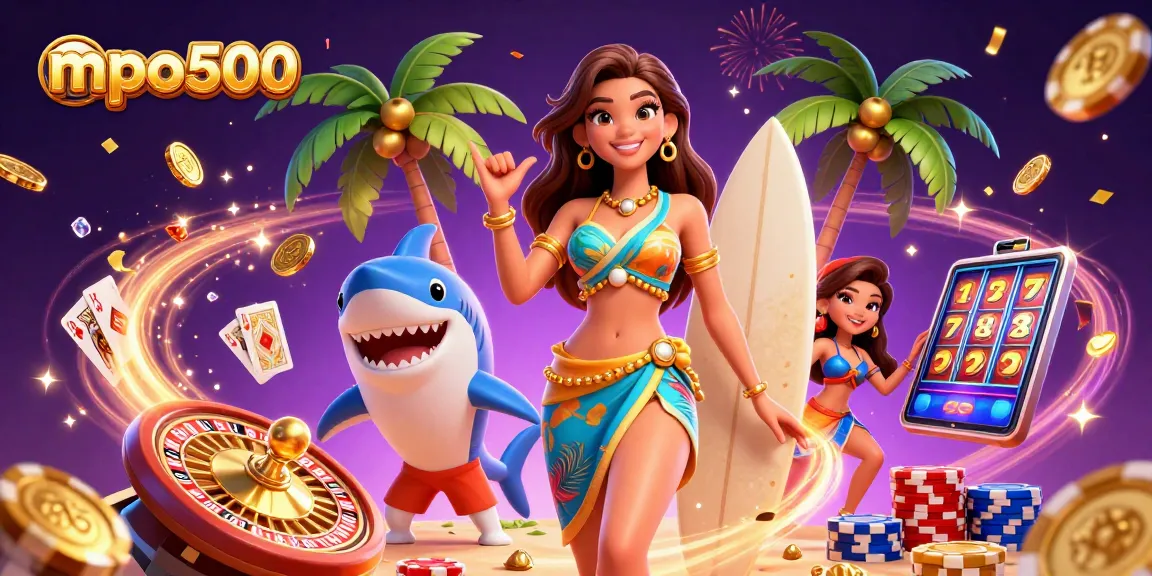 Spin and win at mpo500 with vibrant 3D casino illustration of tropical-themed gaming joy.