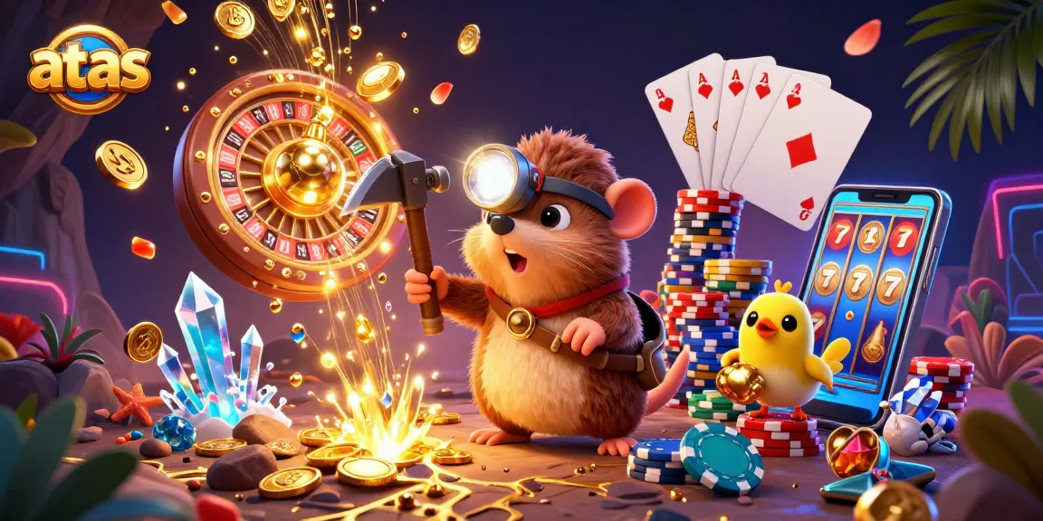 Spin and win with atas in this vibrant 3D casino scene showcasing dynamic games and treasures.