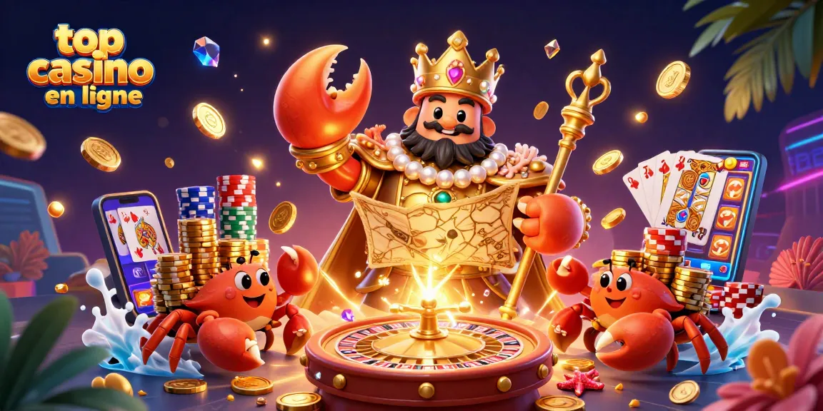 Découvrez le top casino en ligne avec un crabe en or dans une scène dynamique remplie de jeux et de gains.