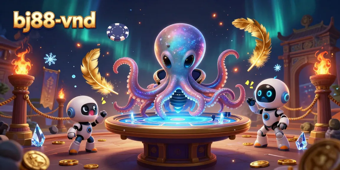 Experience the excitement of bj88-vnd with a vibrant 3D alien octopus and poker elements.