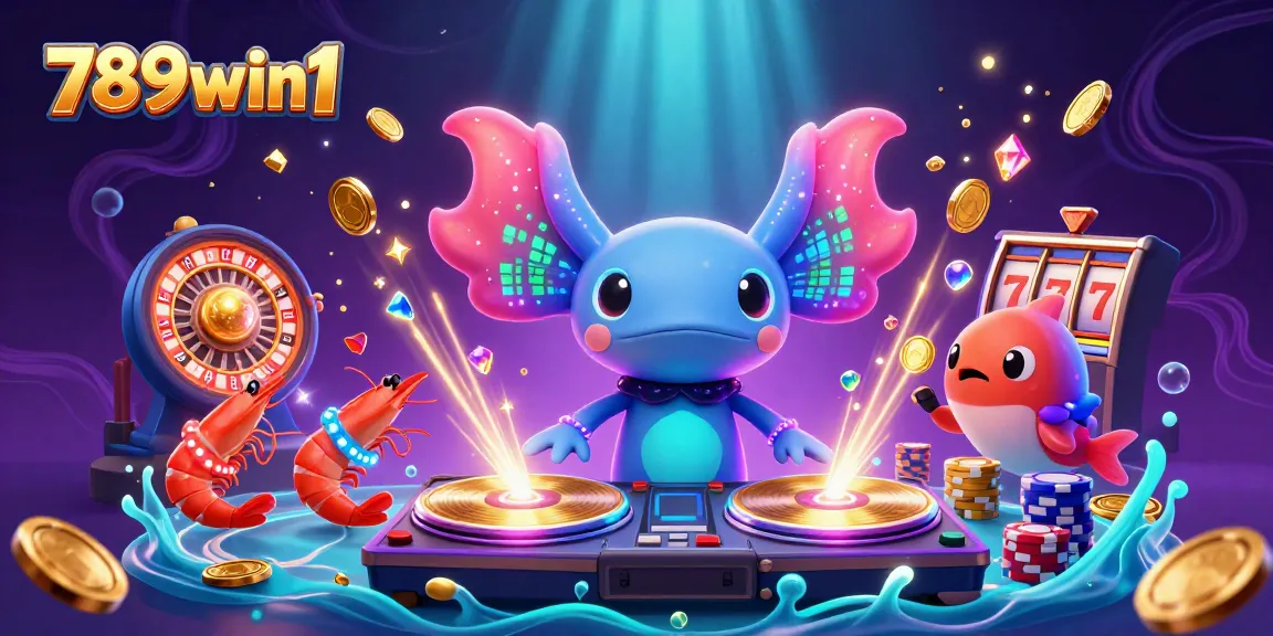 Immerse in 789win1’s vibrant gaming scene with a neon axolotl DJ and dazzling casino elements.