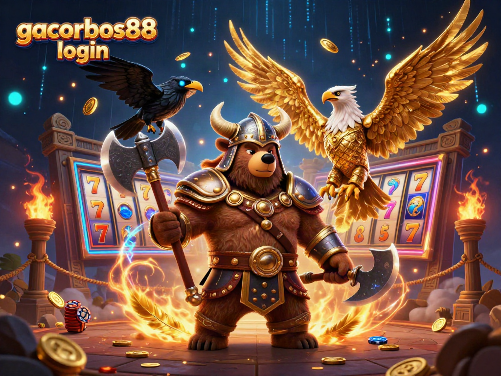 Engage with exciting gaming moments through gacorbos88 login, featuring dynamic heroes in an energetic casino scene.