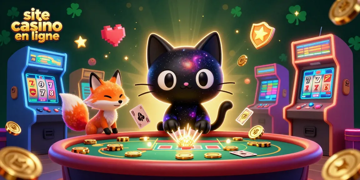 Découvrez un site de casino en ligne captivant avec un chat et un renard cosmiques, entourés de machines à sous.