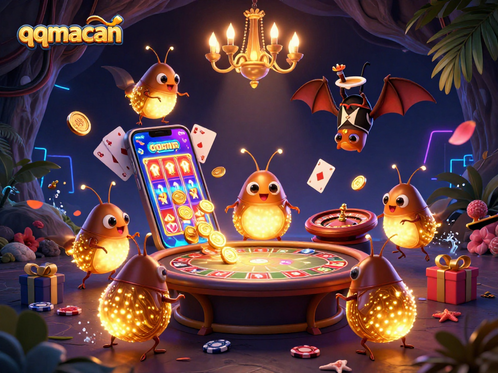 Experience qqmacan's vibrant casino scene with glowworms and a bat dealer amidst gaming excitement.