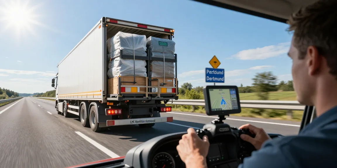 LKW Spedition Dortmund: Professioneller Fahrer in modernem LKW auf der Autobahn mit GPS-Navigation für effizienten Transport.