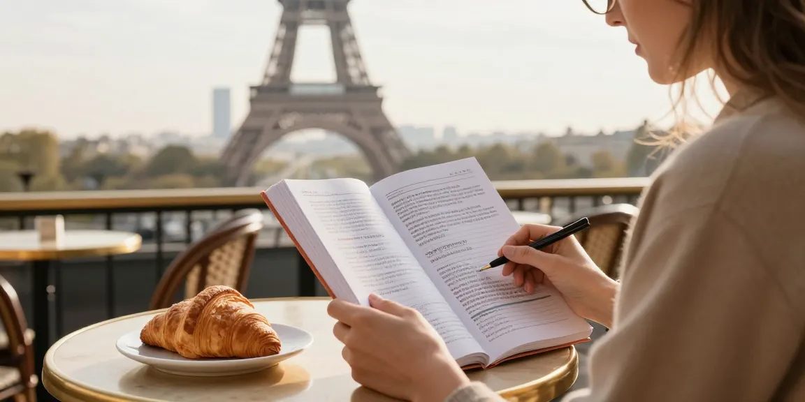 Französischkurse in Frankreich in einem Pariser Café mit Blick auf den Eiffelturm lernen.