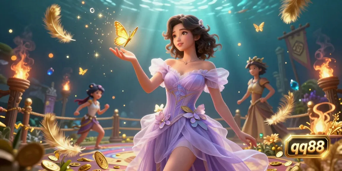 Engage with qq88's vibrant gaming atmosphere in a captivating 3D casino scene filled with lively elements and magical effects.