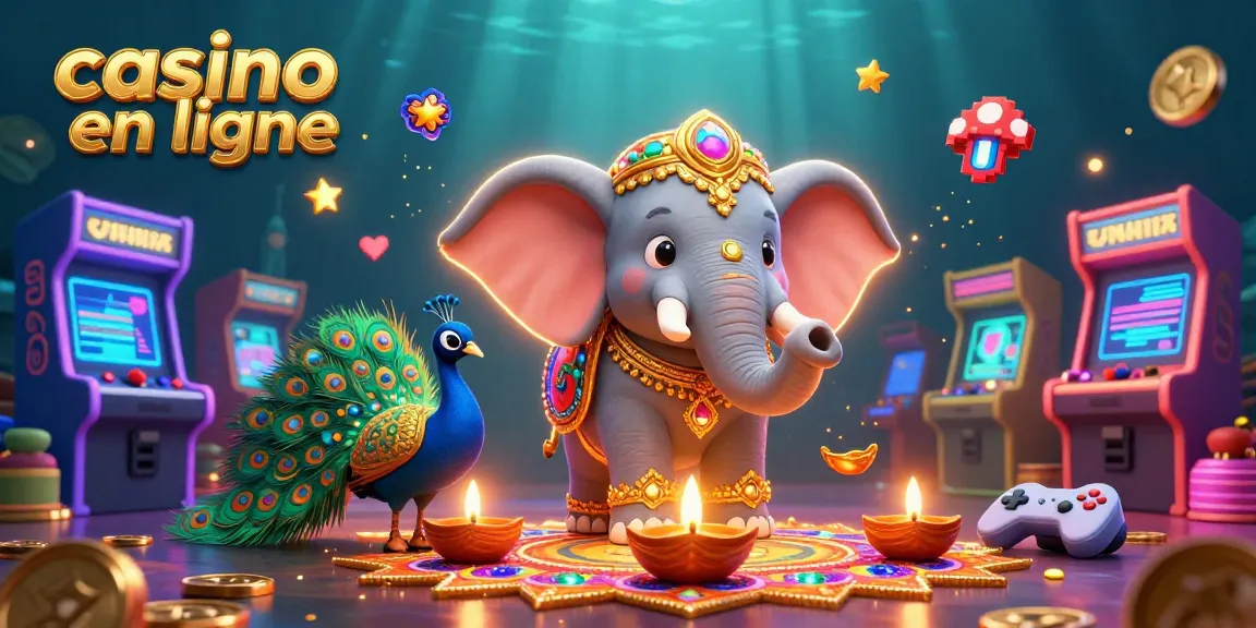 Casino en ligne : un éléphant et un paon animés entourés de jeux colorés et de lumières vibrantes.