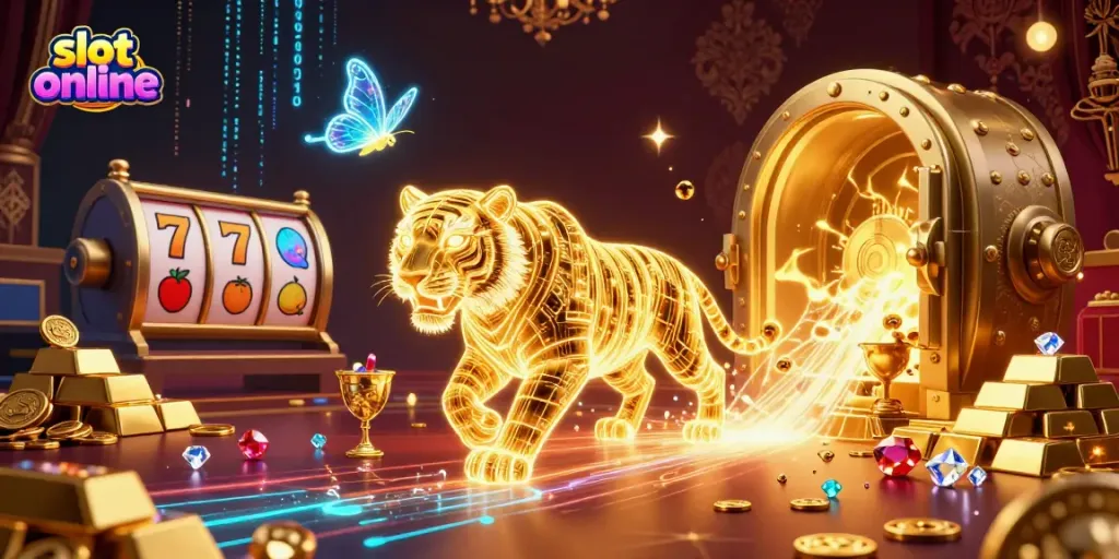 Slot online menghadirkan karakter harimau emas neon di dunia kasino digital dengan simbol slot menarik.