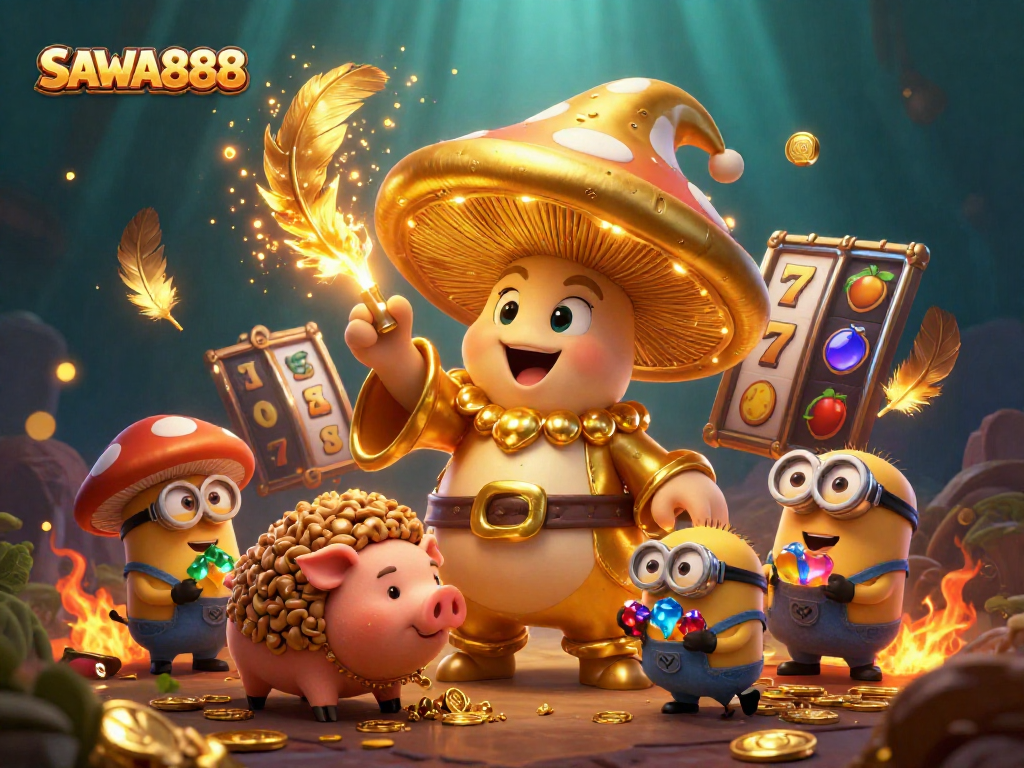 Experience SAWA888 magic with a golden mushroom wizard and treasure-hunting truffle pig in a vibrant casino scene.