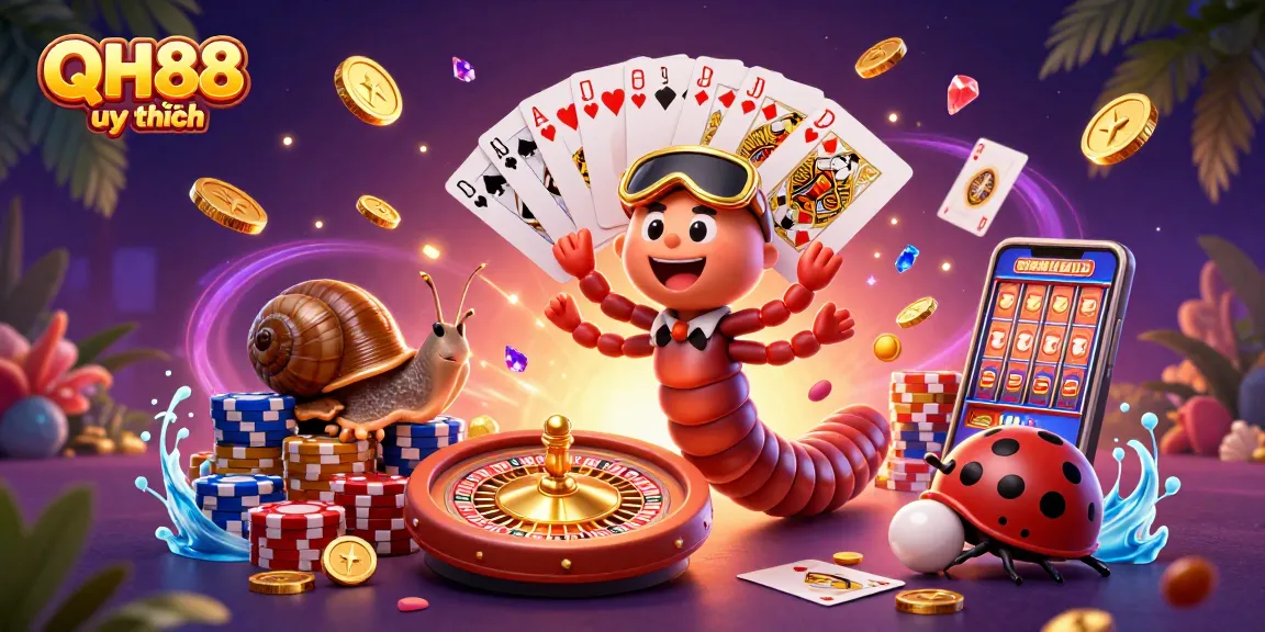 Experience the thrill of QH88 uy tín in this vibrant 3D casino illustration featuring a dynamic millipede dealer and action-packed elements.