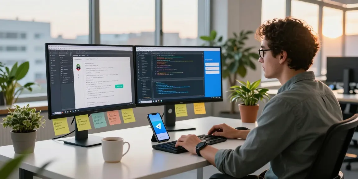 Developer using 纸飞机中文版 in a vibrant tech workspace with dual monitors.
