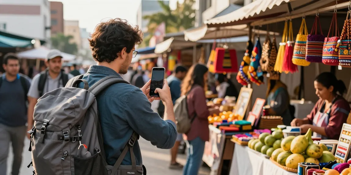 Rokok88 travel market scene with vibrant stalls and backpacker capturing local cuisine and crafts.