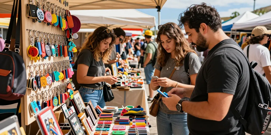 Engaging shoppers inspecting personalized keychains at a vibrant market