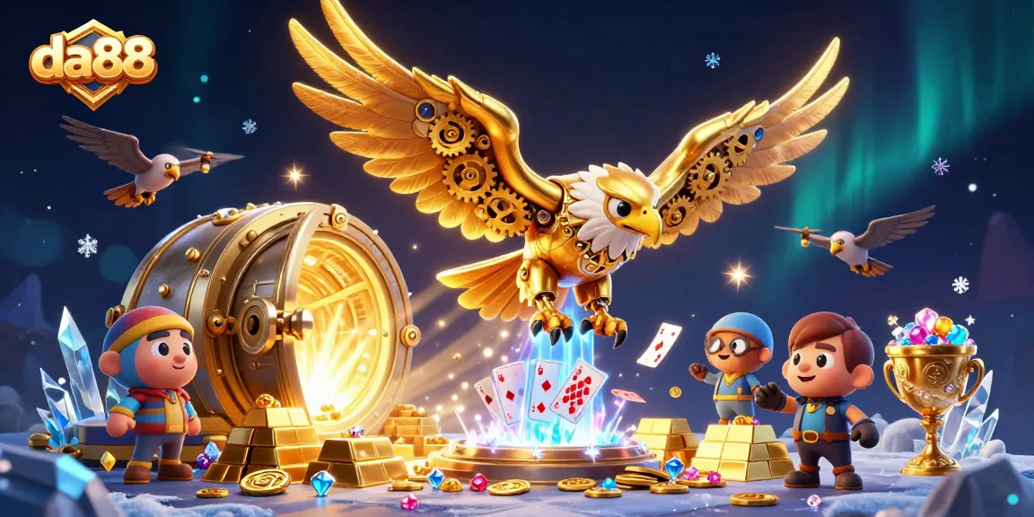 Experience the thrill of da88 with a cybernetic eagle diving through playing cards amidst a treasure-filled casino.