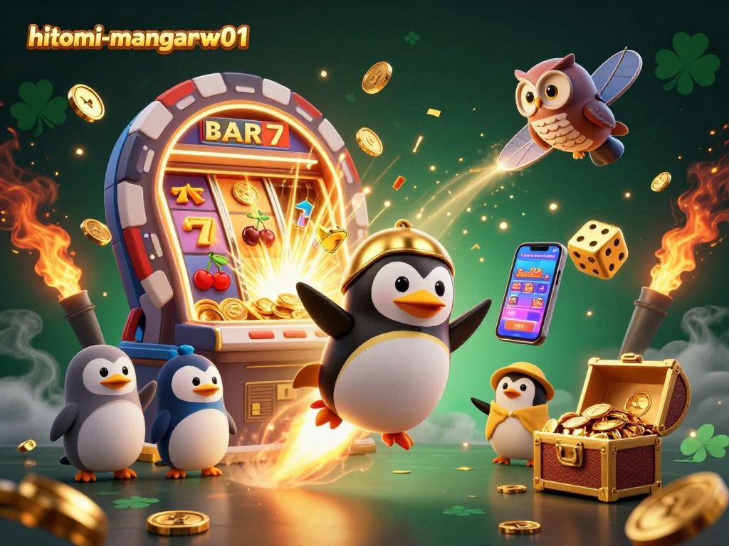 hitomi-mangaraw01 showcases a rocket-powered golden penguin soaring past a glowing casino space station.