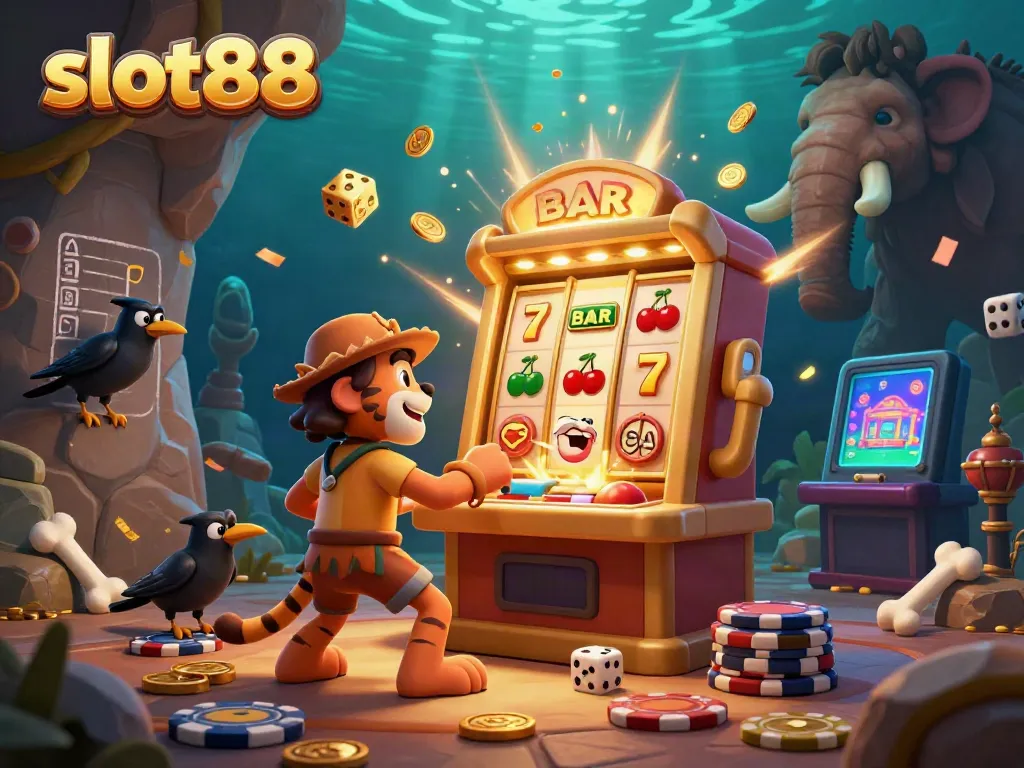 Rasakan keseruan bermain slot88 dengan ilustrasi kasino prasejarah yang penuh dengan simbol menarik.