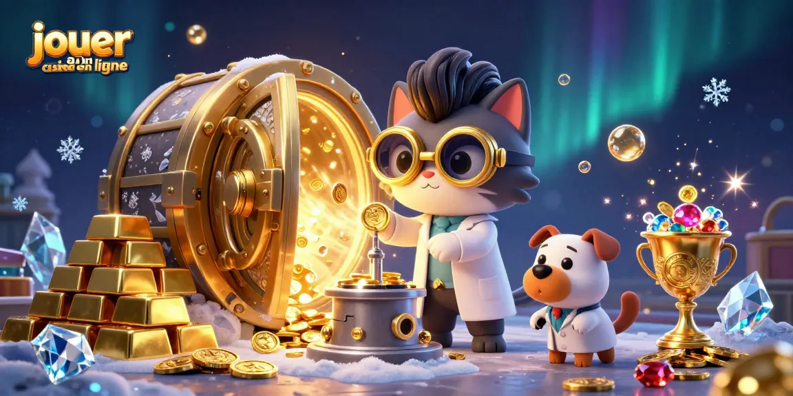 Jouer au casino en ligne avec un chat scientifique fou dans un laboratoire, entouré de trésors étincelants.