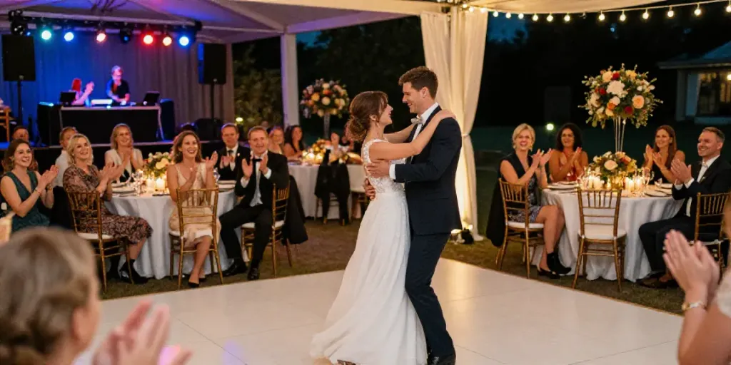 Joyful wedding reception with hochzeit DJ berlin brandenburg, bride and groom dancing surrounded by guests.