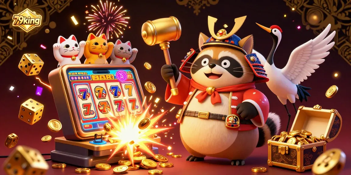 Experience playful luck at 79king with cheerful tanuki, crane, and waving cats around vibrant casino elements.