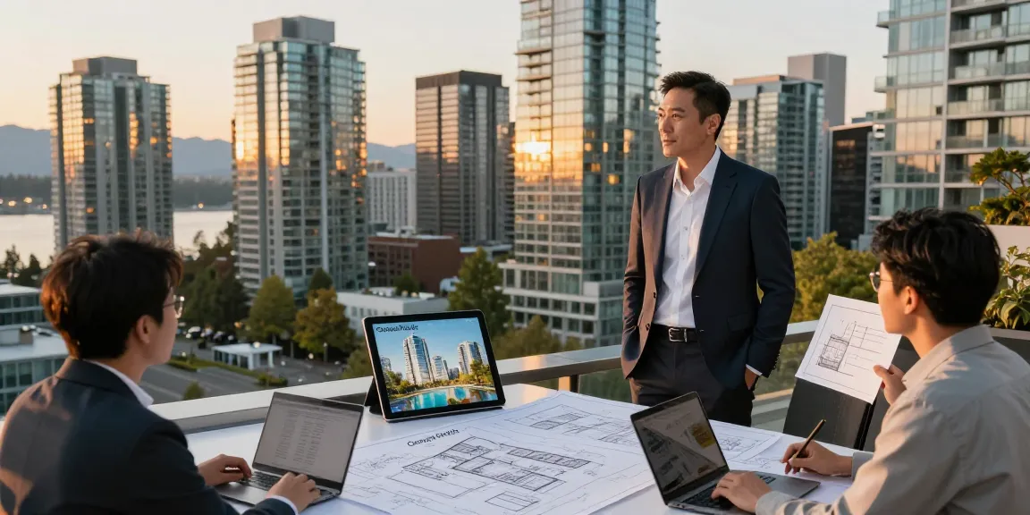 Terry Hui overlooking Vancouver skyline with architectural plans, showcasing real estate expertise.