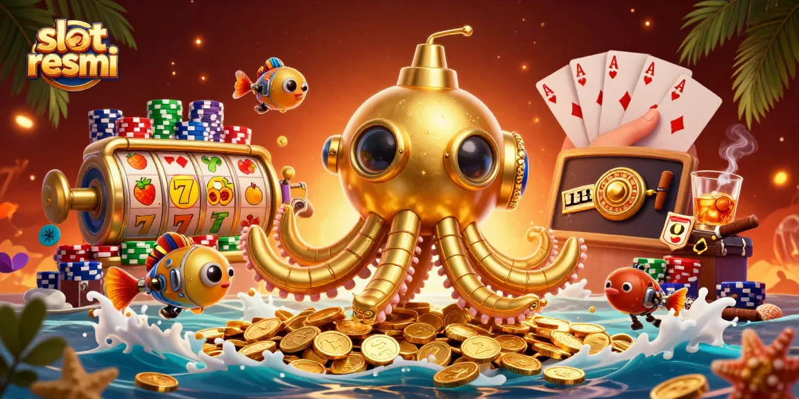 Engage in thrilling gameplay with slot resmi, featuring a golden kraken submarine amidst vibrant slot elements.