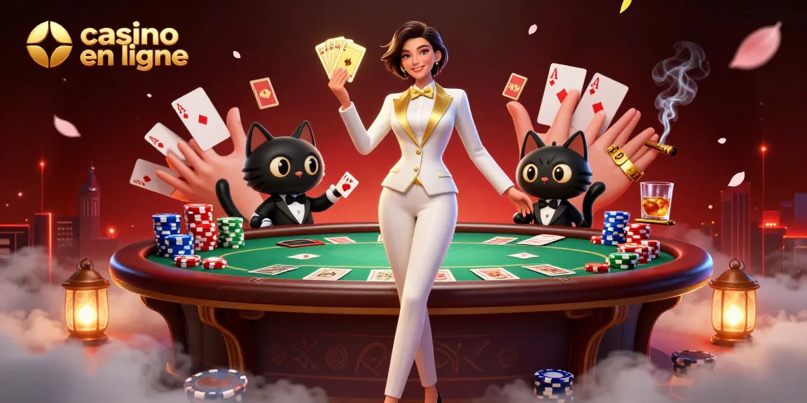 Vivez une action palpitante au casino en ligne avec une femme glamour mélangeant des cartes dorées.