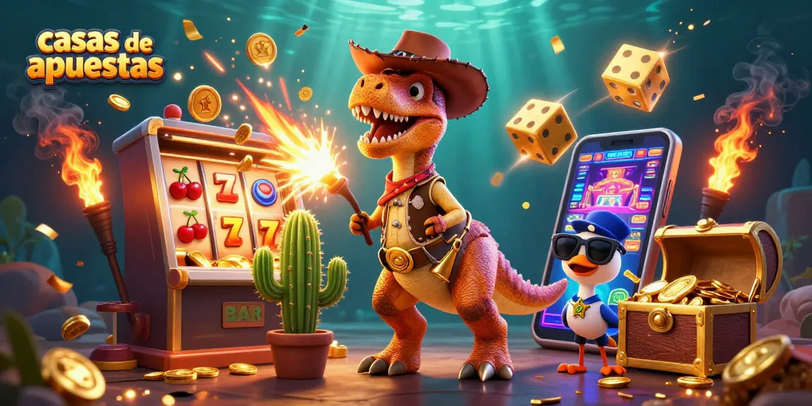 Apuesta en casas de apuestas con un dinosaurio y un cactus, rodeados de máquinas tragamonedas y dinero.