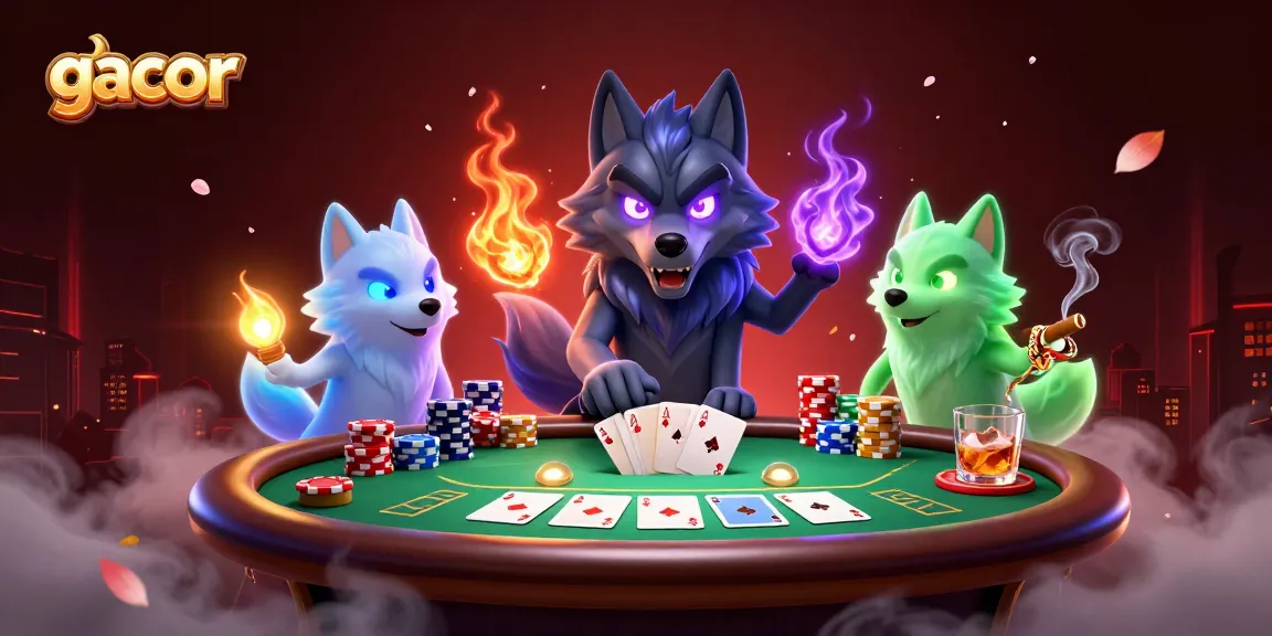 Experience gacor winning with dynamic poker action featuring spectral wolves and vibrant casino elements.