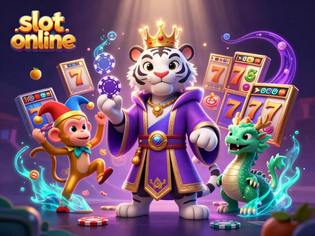 Engage in slot online excitement with a vibrant casino scene featuring a majestic tiger and playful jester.