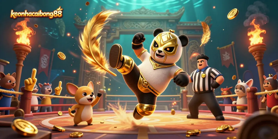 Experience keonhacaibong88's thrilling sports betting action with a panda wrestler and lively crowd.