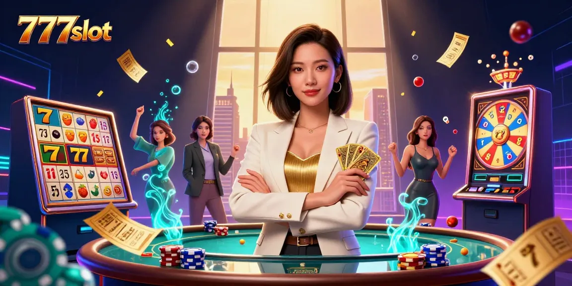 Win big with 777slot as a glamorous woman holds golden cards in a vibrant casino scene.