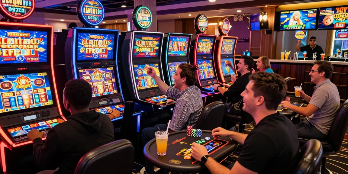 Exciting online slot gaming scene with players enjoying various slot machines in a vibrant casino environment