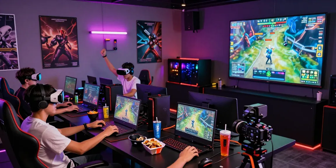 Friends enjoying mposlot gaming session in vibrant lounge with colorful lights